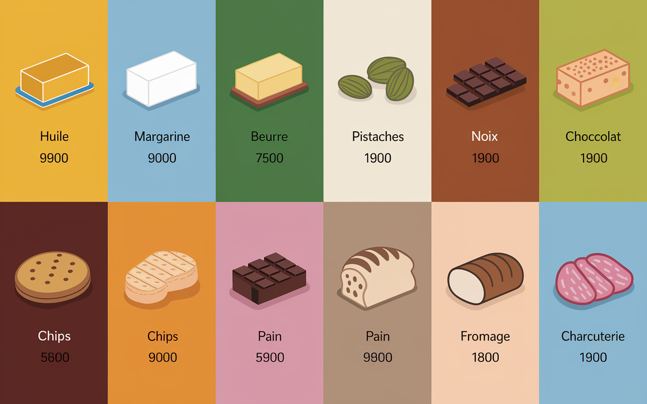 tableau aliments plus caloriques huile margarine chips pain
