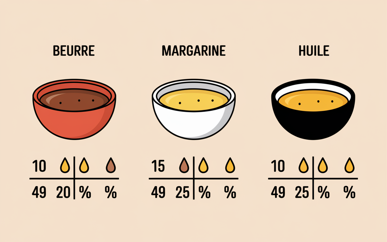 comparatif visuel beurre margarine huile, ratios omega cholesterol