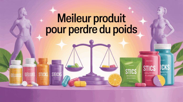 Sélection de produits minceur avec boîtes, sticks, balances et silhouettes avant après