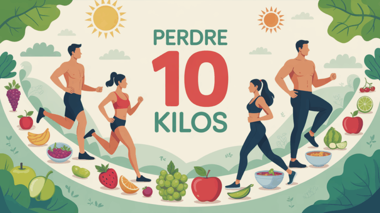 Illustration perdre 10 kilos silhouettes chemin fruits legumes haltères