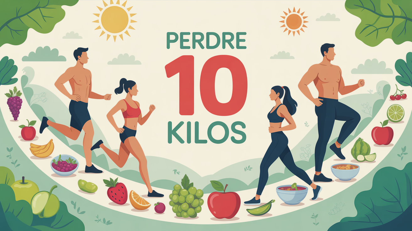 Illustration perdre 10 kilos silhouettes chemin fruits legumes haltères