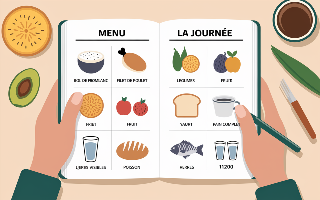menu type regime 1200 calories carnet journalier