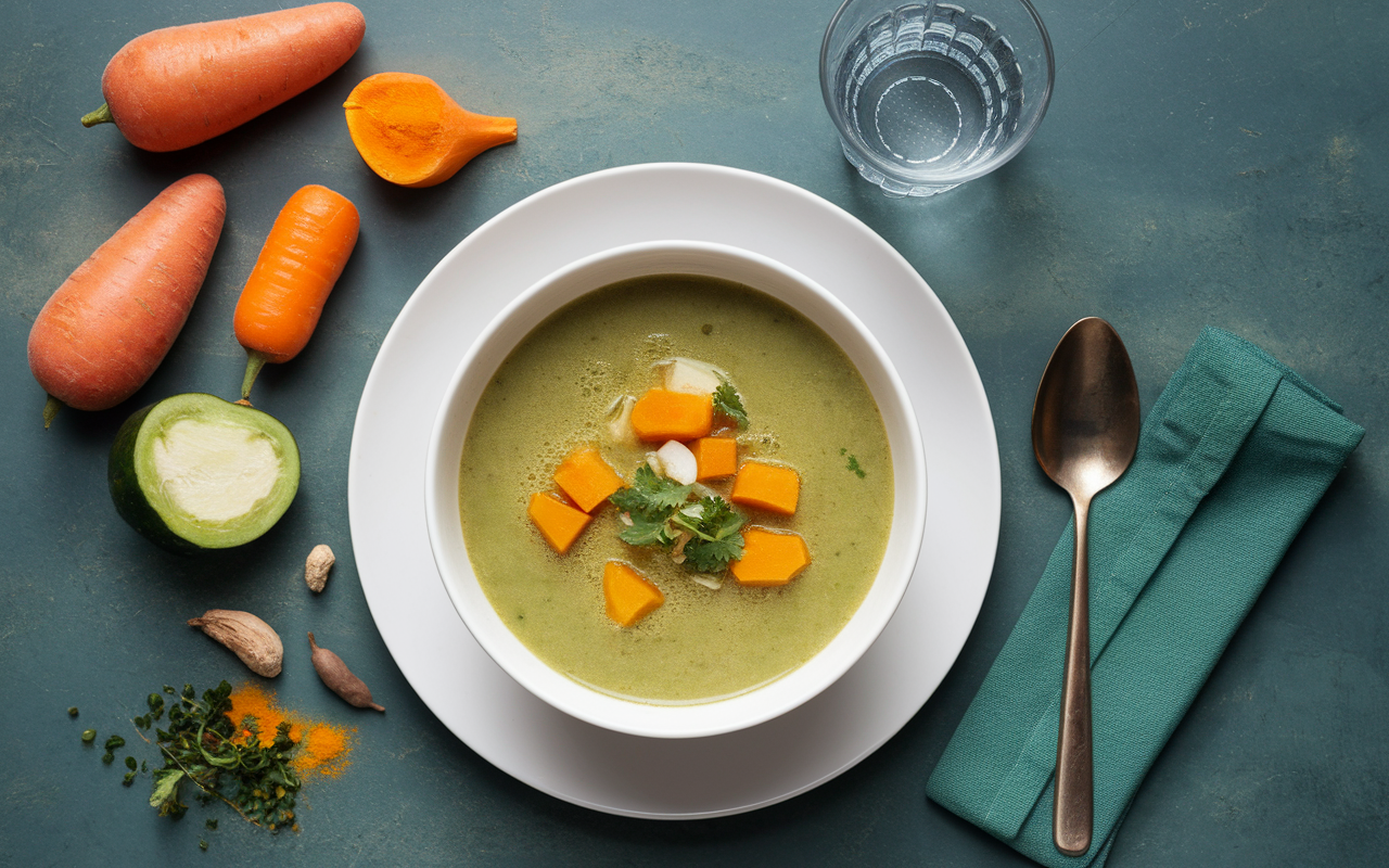 Assiette soupe brûle-graisse légumes morceaux épices