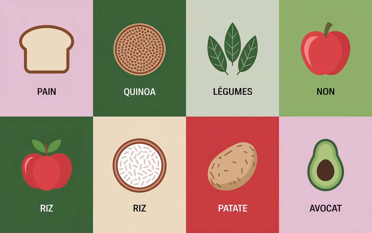 menu ig bas tableau aliments ig bas ou élevé pain quinoa avocat riz
