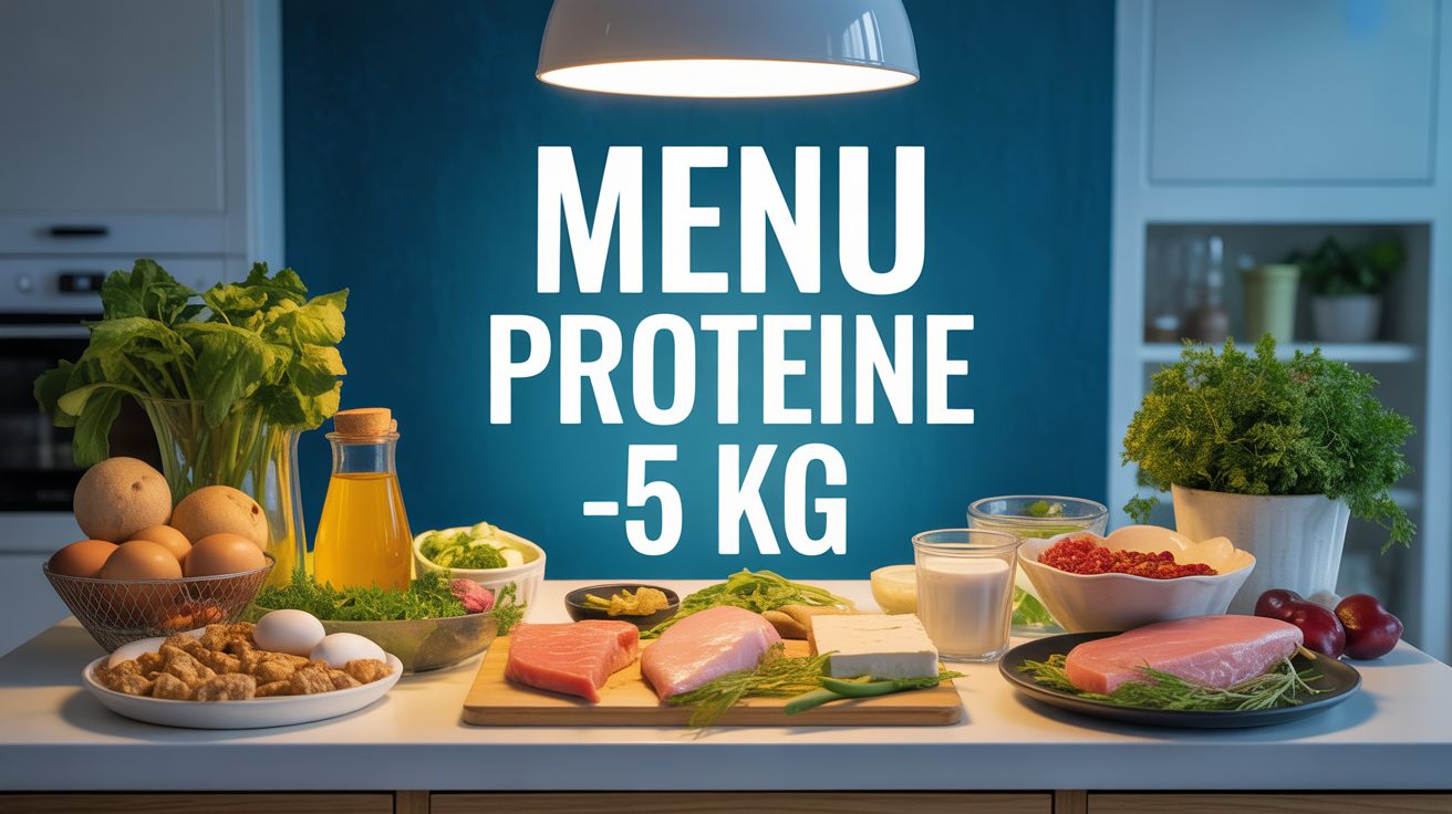 menu proteine -5 kg aliments sains sur table