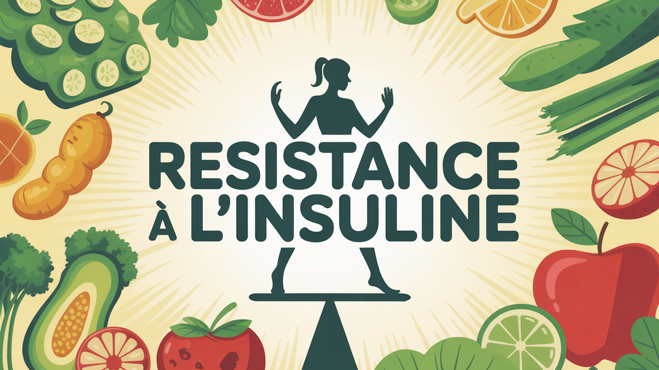 Silhouette sur balance entouree d'aliments IG bas resistance insuline