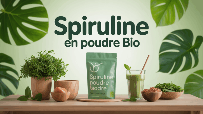 table en bois avec spiruline en poudre bio et smoothie