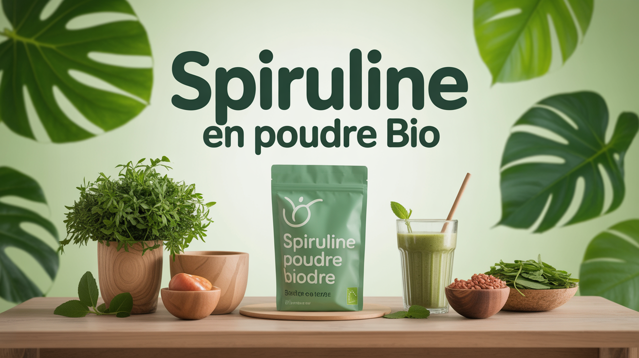 table en bois avec spiruline en poudre bio et smoothie