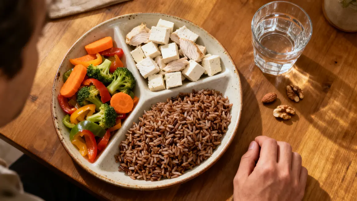 Assiette équilibrée légumes protéines féculents eau noix