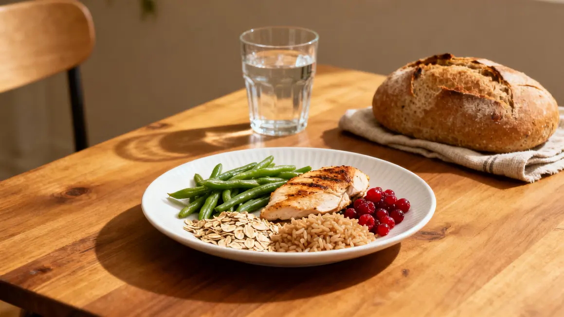assiette légumes poulet flocons avoine fruits rouges