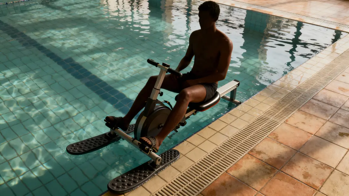 vue aquabike piscine selle rigide patins glissants