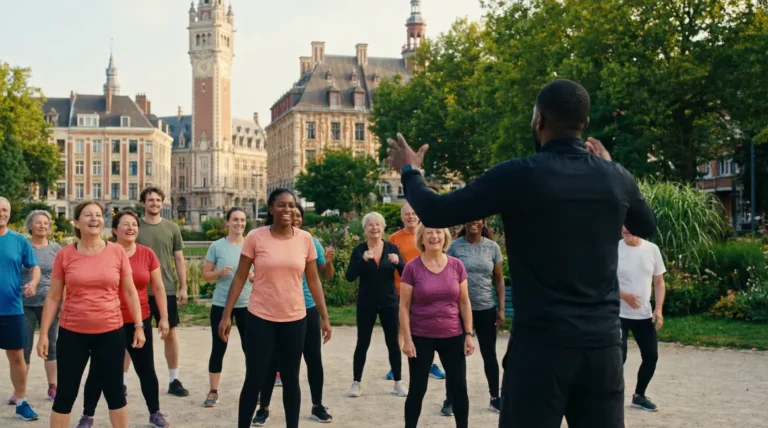 coach sportif Lille guidant groupe séance extérieure parc