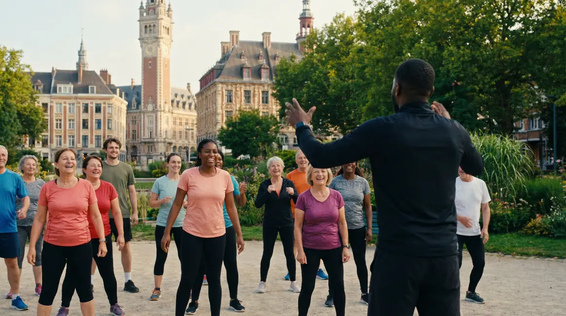 coach sportif Lille guidant groupe séance extérieure parc