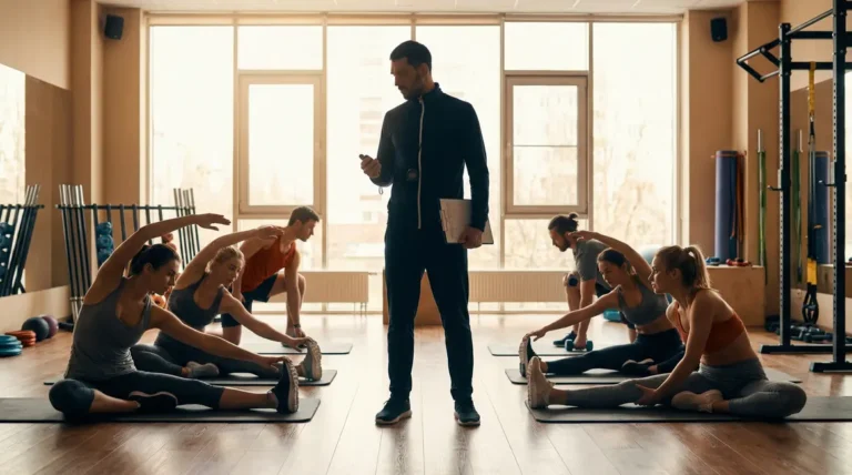 coach sportif motivant en salle avec groupe