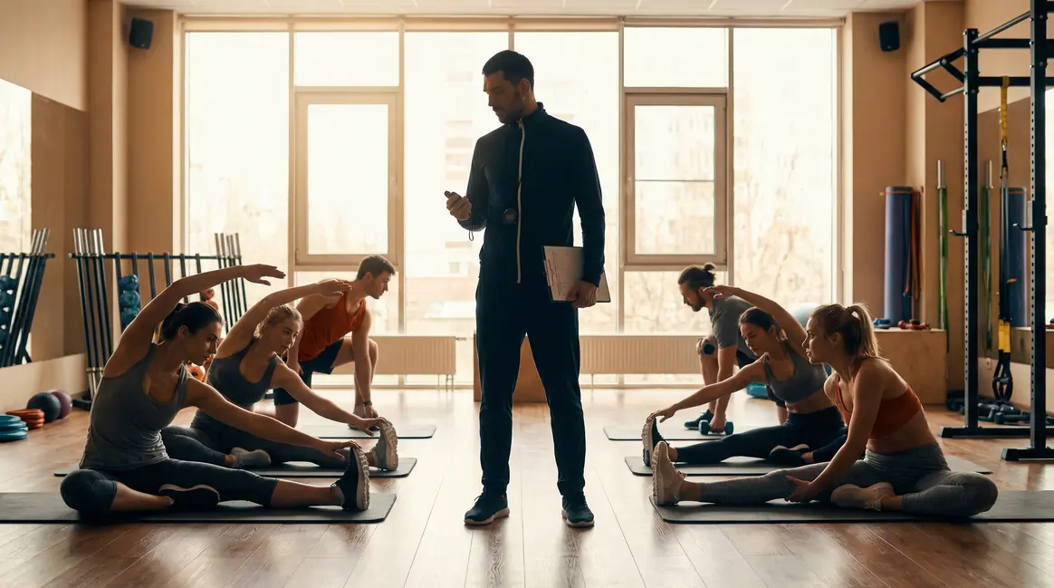 coach sportif motivant en salle avec groupe