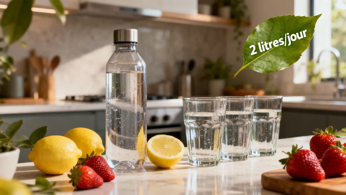 Bouteille d'eau et fruits frais pour hydratation minceur