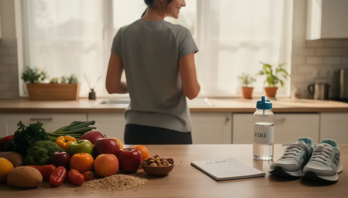 Personne active entourée d'aliments sains et carnet de sport