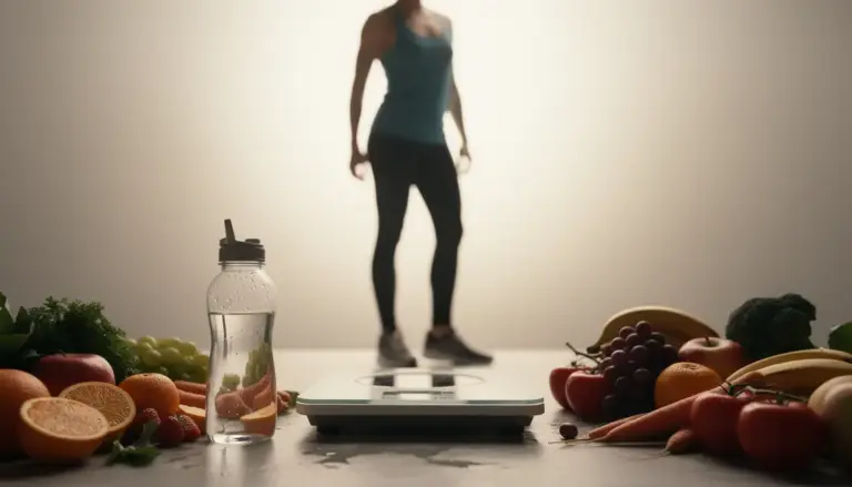 silhouette adulte actif sur balance entouré aliments sains