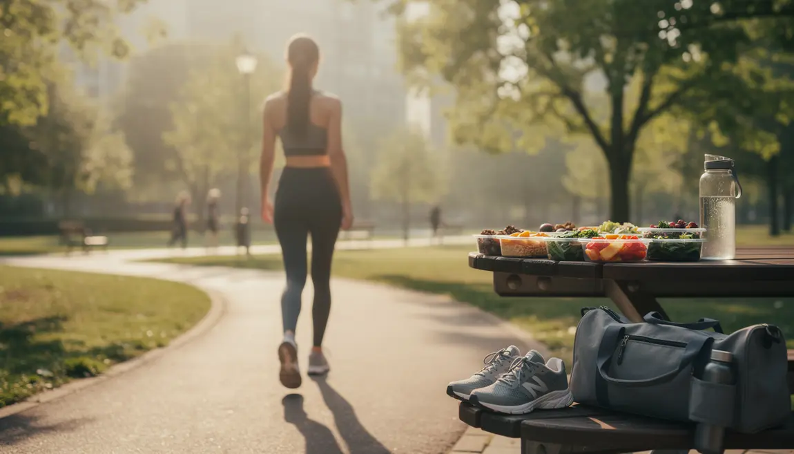 Femme marche parc, meal prep, perte de poids