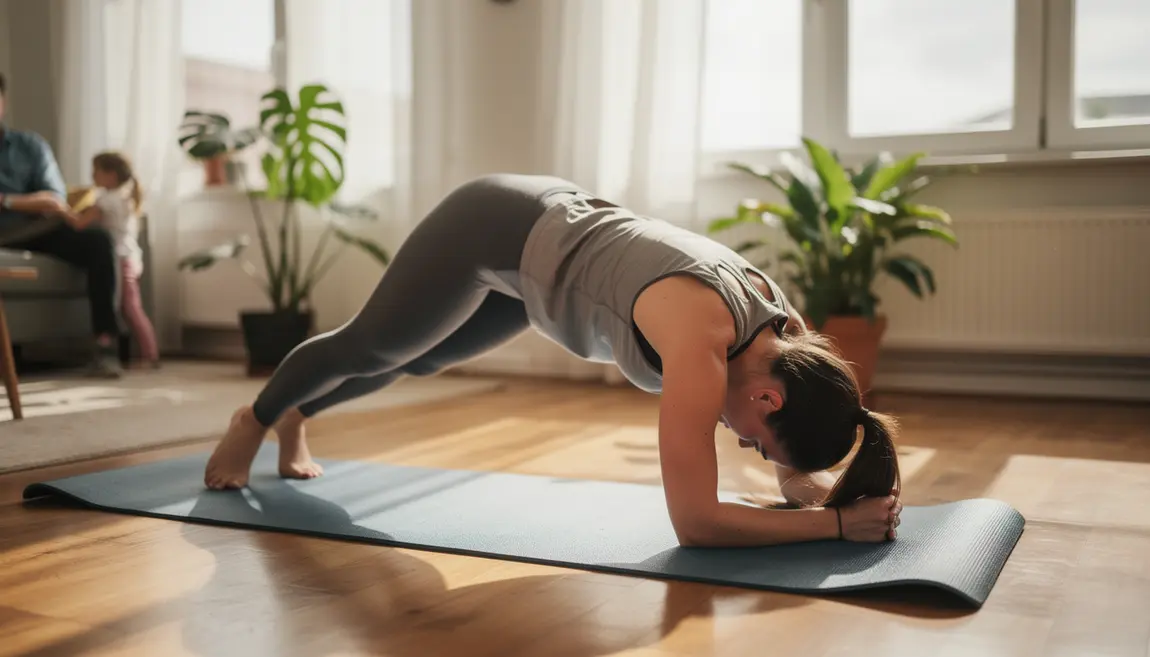 Personne active effectuant un étirement dynamique sur tapis de yoga dans un salon lumineux, ambiance motivation et confort, souplesse