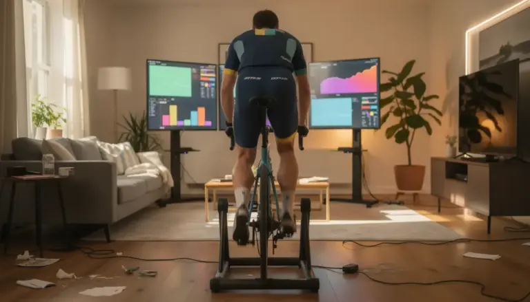 cycliste sur home trainer connecté dans salon, entraînement virtuel