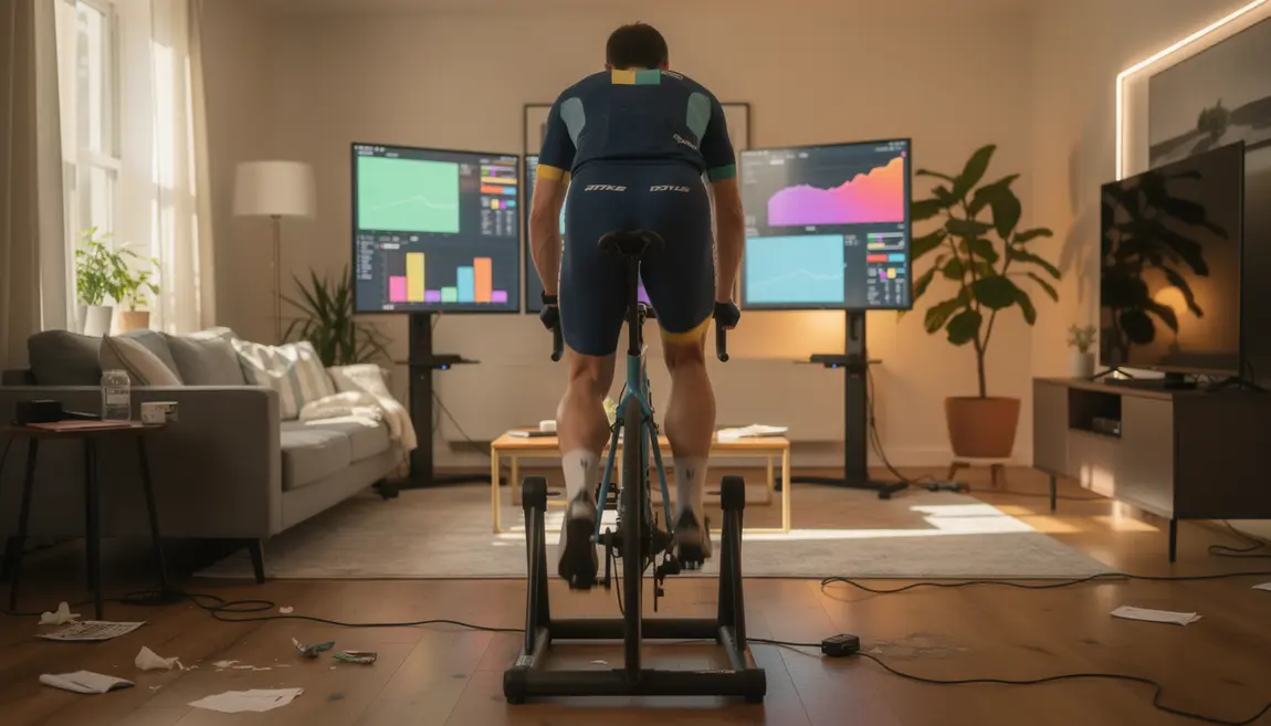 cycliste sur home trainer connecté dans salon, entraînement virtuel