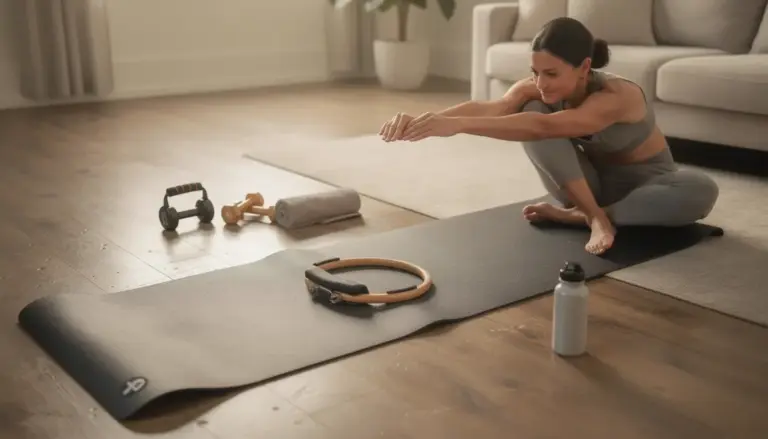 Pilates à la maison, tapis et anneau, ambiance bien-être