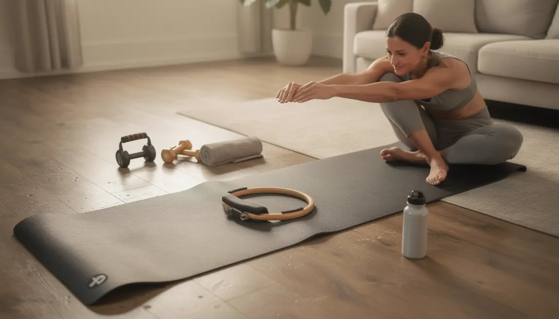 Pilates à la maison, tapis et anneau, ambiance bien-être