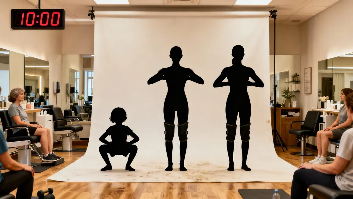 Trois silhouettes réalisant la routine d'étirement débutant dans un salon, chronomètre, ambiance accessible