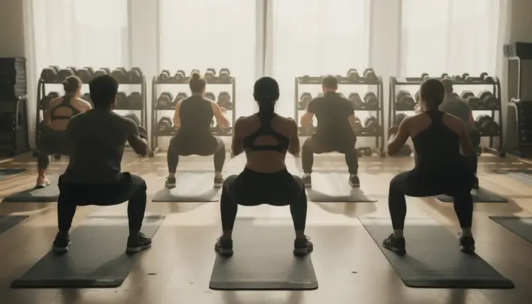 squat groupe mixte sur tapis en salle
