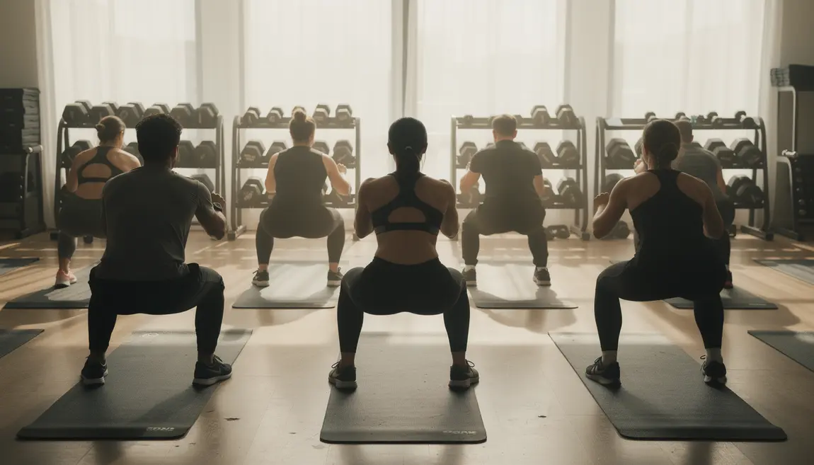 squat groupe mixte sur tapis en salle