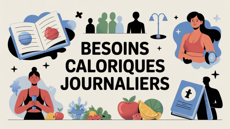 Illustration besoin journalier calories calcul avec balance carnet et silhouettes