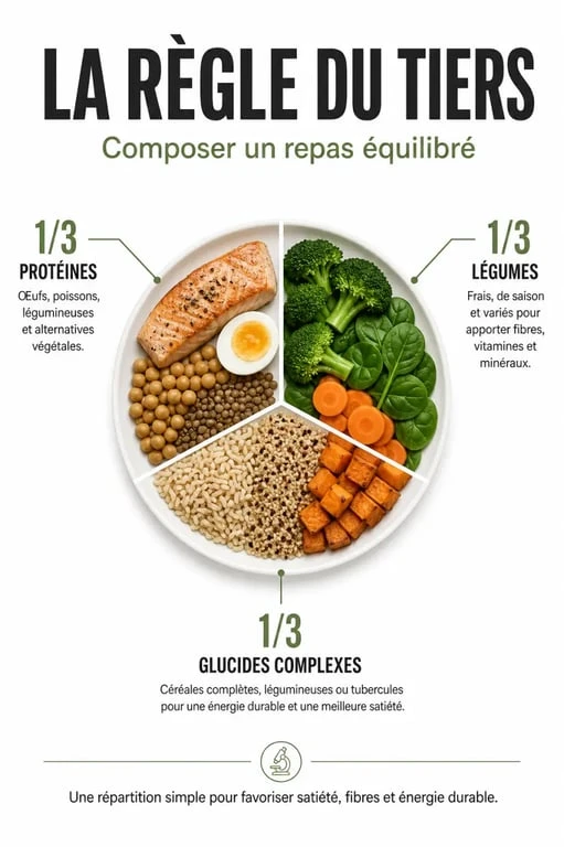 Infographie sur la règle du tiers pour un plan alimentaire nutritionniste équilibré