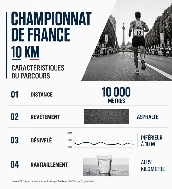 Infographie des caractéristiques techniques du parcours du Championnat de France 10 km 2025
