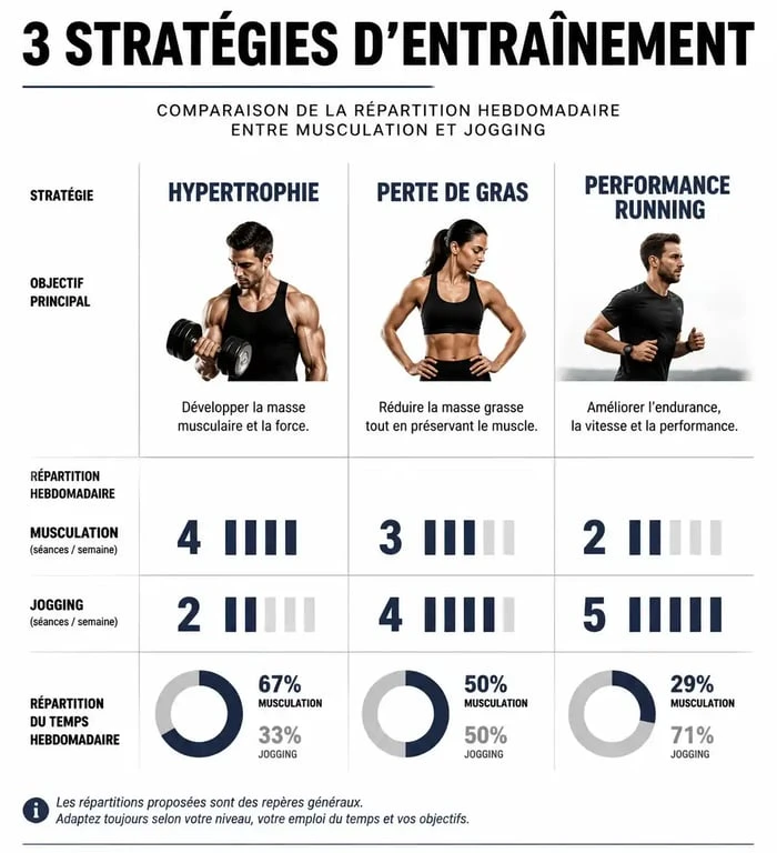 Infographie comparative des programmes d'entraînement combinant jogging et musculation pour différents objectifs sportifs