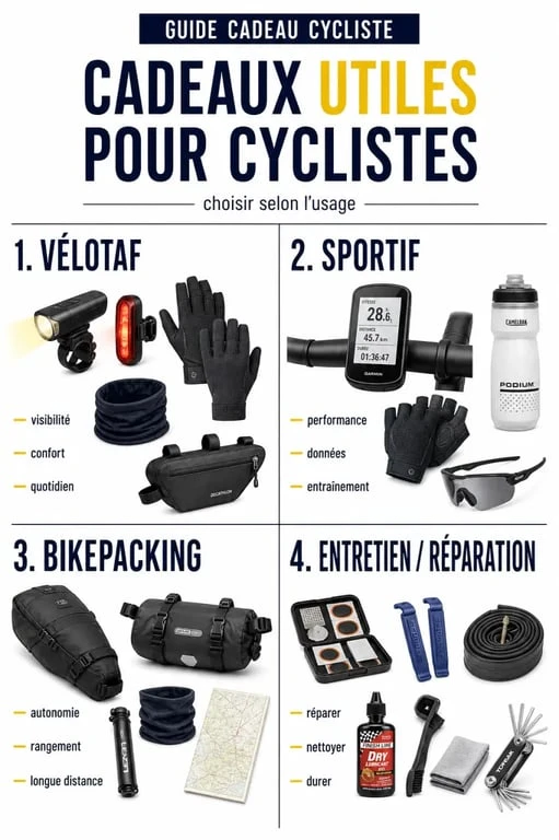Idées de cadeau pour cycliste par profil et budget dans une illustration éditoriale