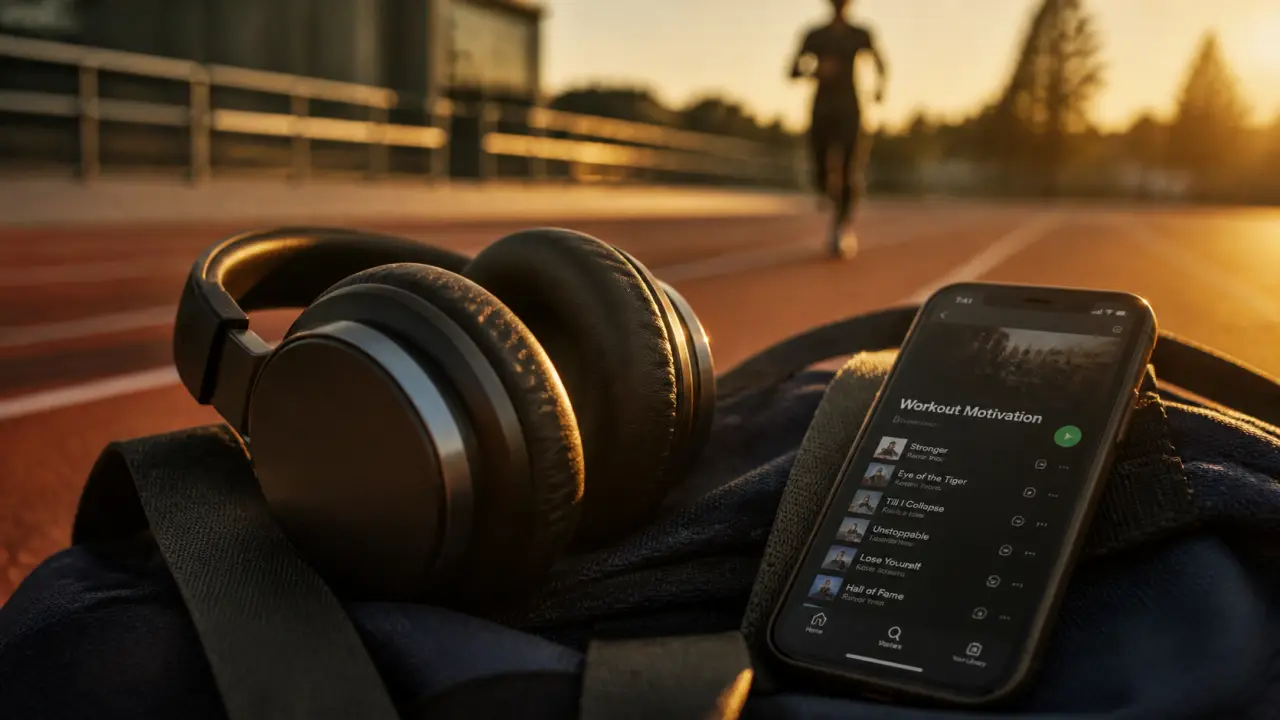 Musique sport motivation : casque audio et playlist workout sur fond sombre