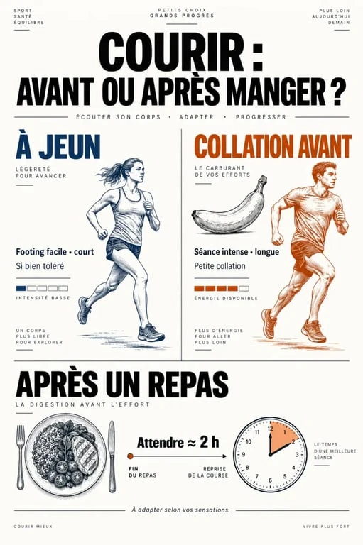 Infographie courir avant ou après manger : jeûne, collation et délai après un repas