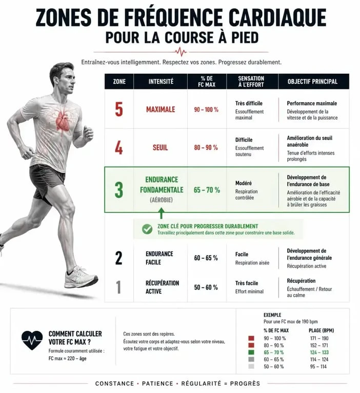 Schéma des zones de fréquence cardiaque en endurance fondamentale pour la course à pied