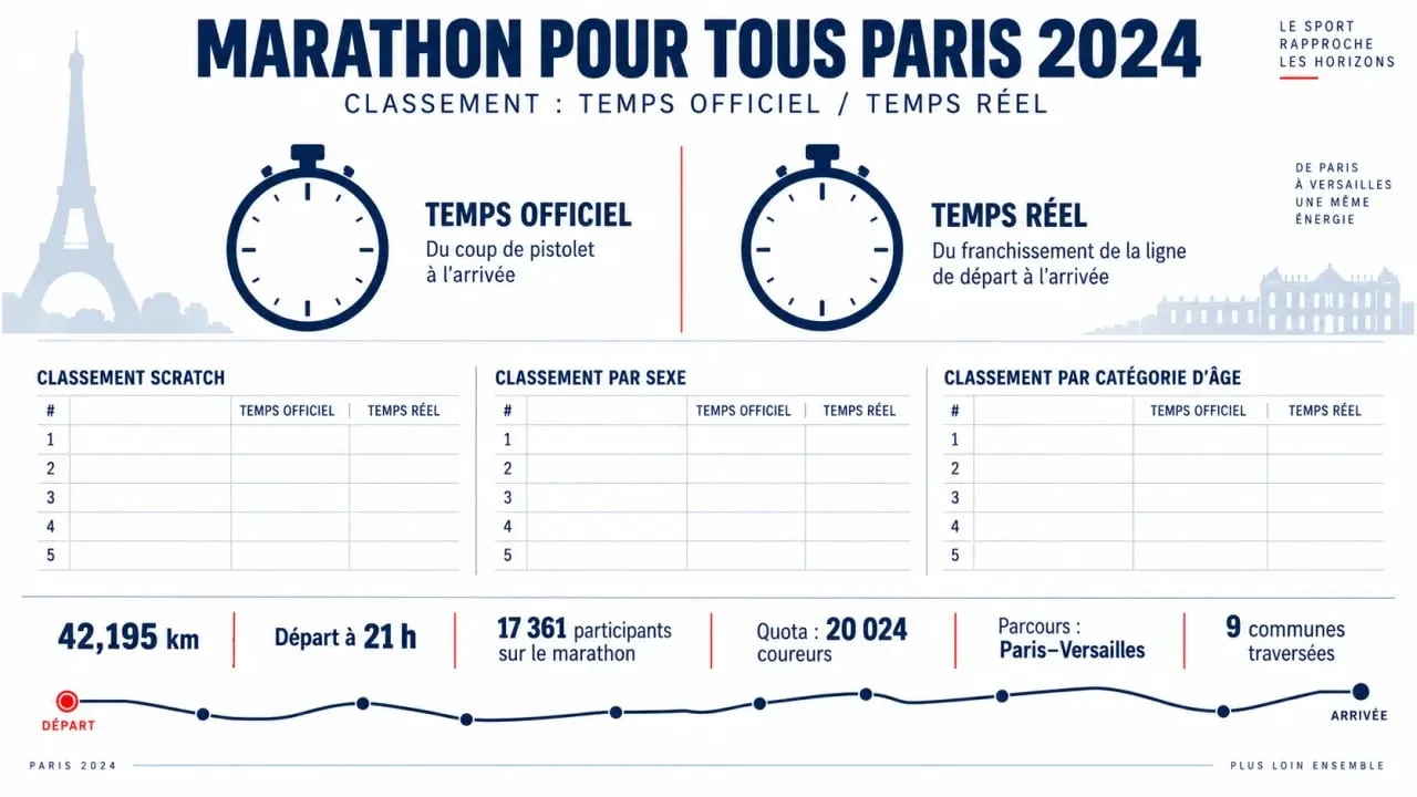 Infographie du classement Marathon pour Tous avec temps officiel, temps réel et chiffres clés de l’édition Paris 2024