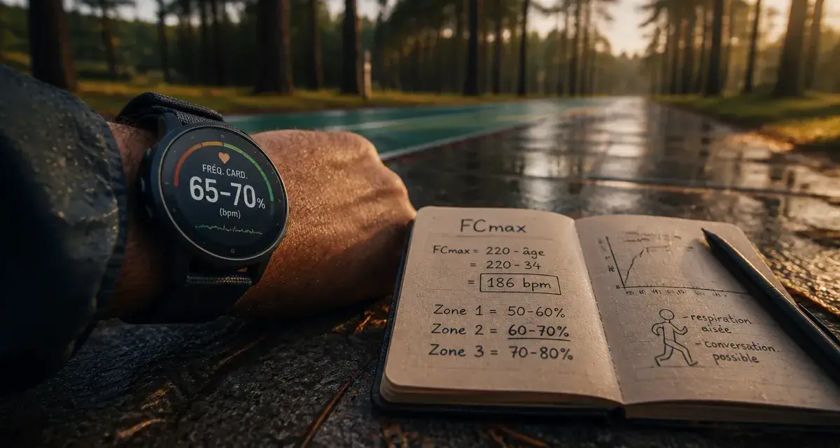 Frequence cardiaque endurance fondamentale : montre à 65-70% bpm sur trottoir humide