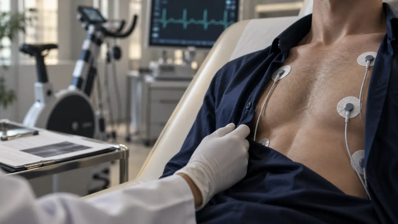 Test d effort a 60 ans : électrodes ECG et vélo d’examen