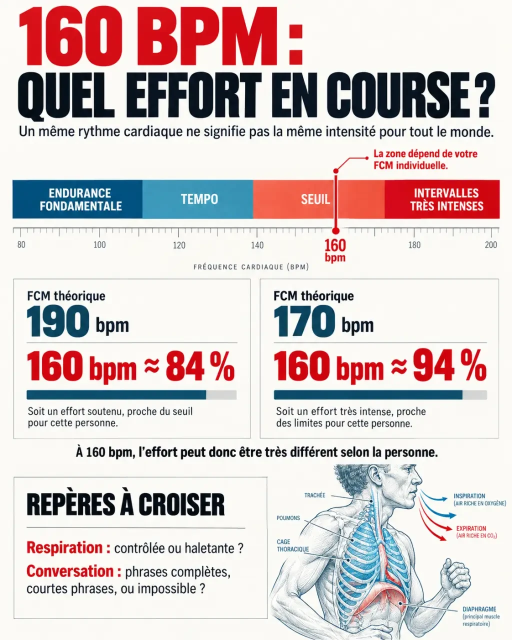 160 bpm course à pied : visualisation des zones d’effort selon la fréquence cardiaque maximale