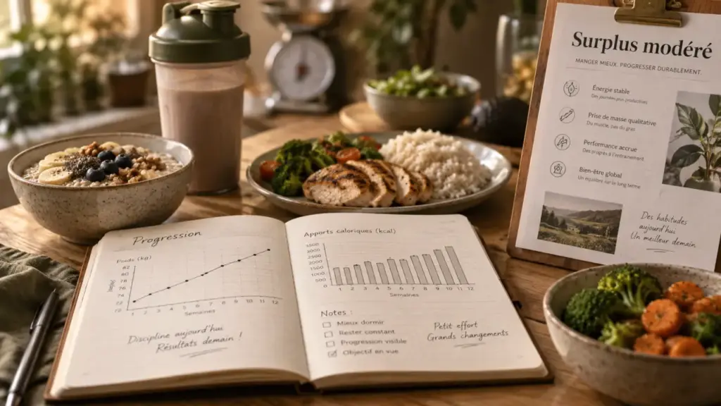 Régime de prise de masse : surplus modéré 200–500 kcal pour limiter la prise de gras