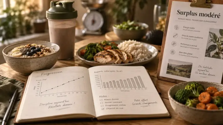 Régime de prise de masse : surplus modéré 200–500 kcal pour limiter la prise de gras