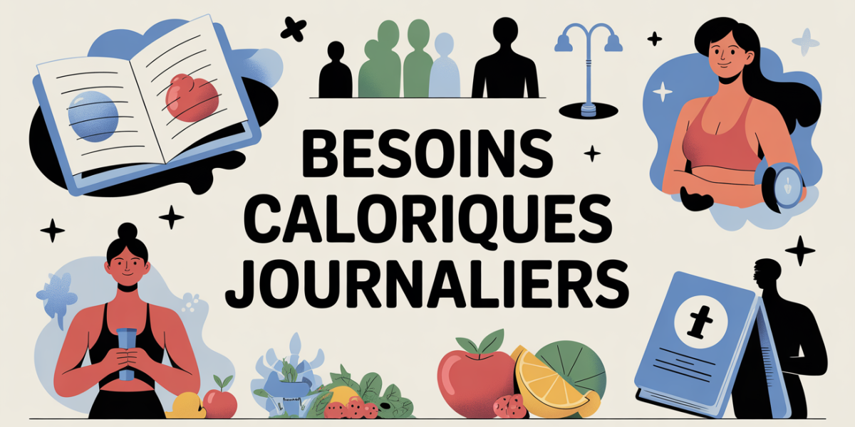 Illustration besoin journalier calories calcul avec balance carnet et silhouettes