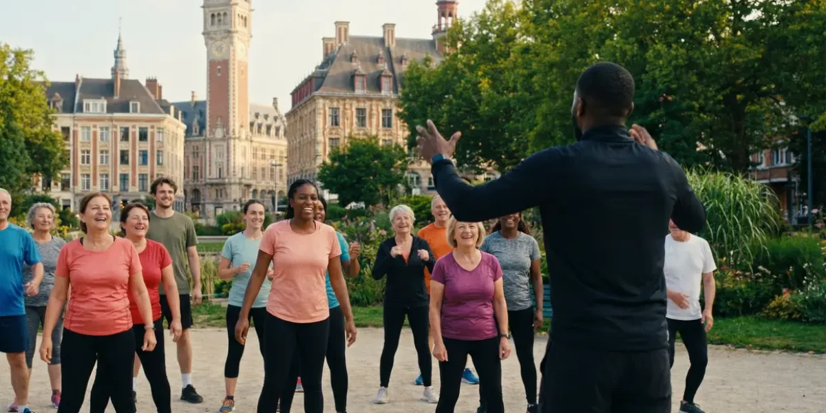 coach sportif Lille guidant groupe séance extérieure parc