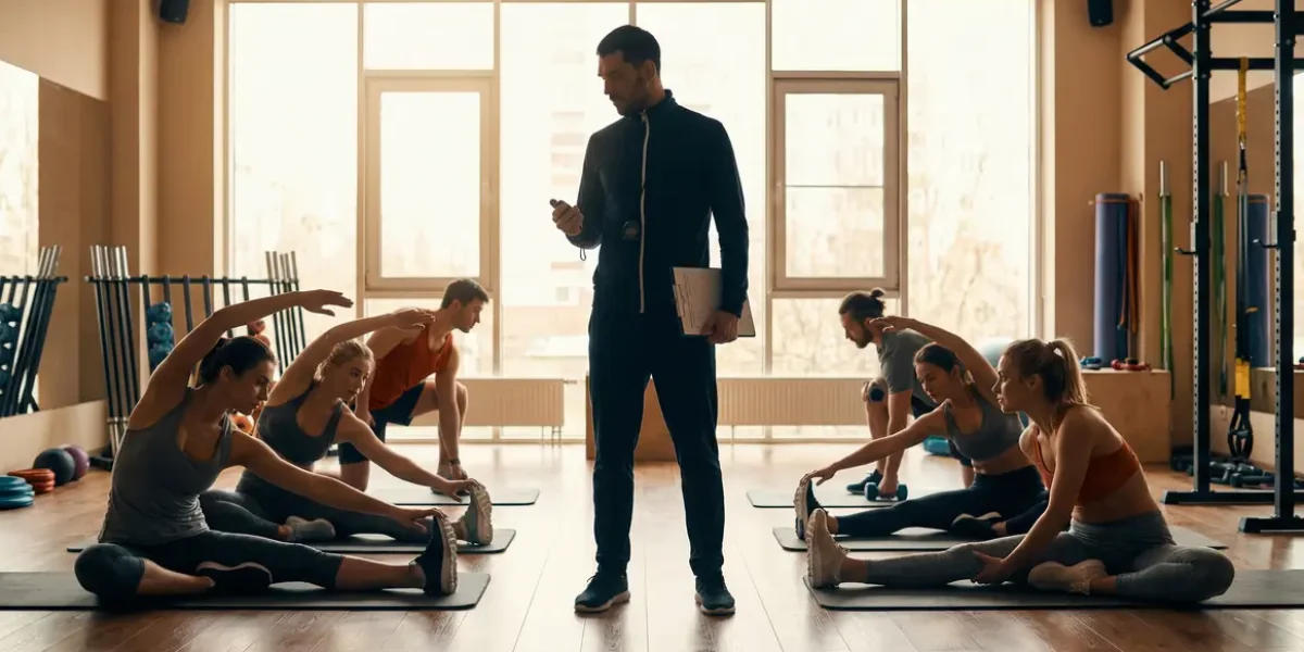 coach sportif motivant en salle avec groupe