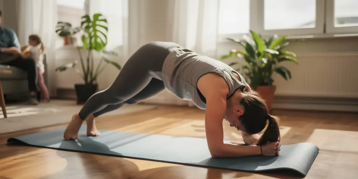 Personne active effectuant un étirement dynamique sur tapis de yoga dans un salon lumineux, ambiance motivation et confort, souplesse