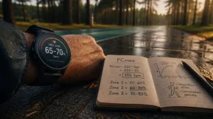 Frequence cardiaque endurance fondamentale : montre à 65-70% bpm sur trottoir humide